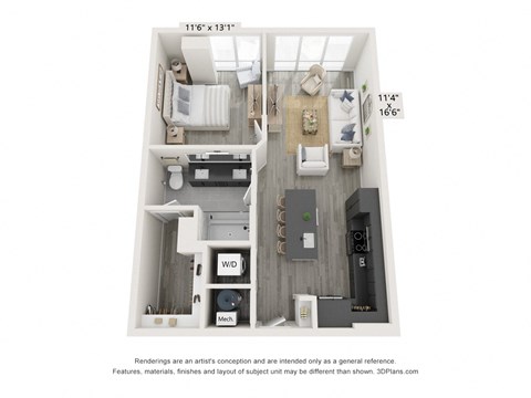 Floor plan for 1 bed, 1 bath, 756 sqft